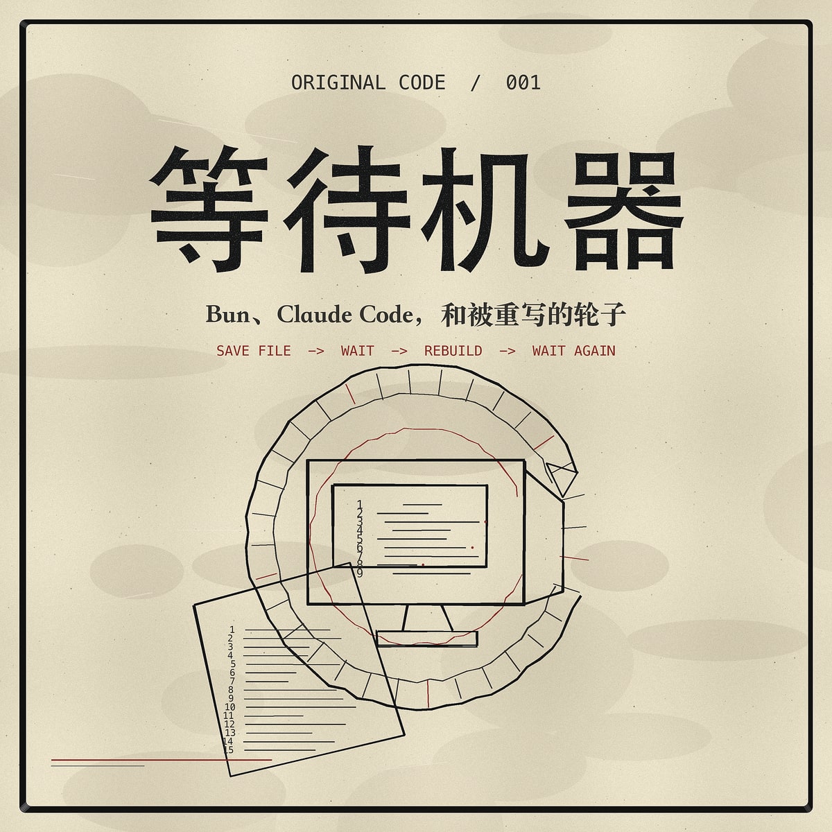 《等待机器》单集封面,红黑印刷风格的齿轮与代码窗口